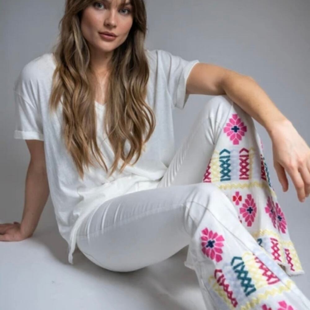 Saints & Hearts Embroidered Flares, size Medium White Colorful Aztec Emb…
